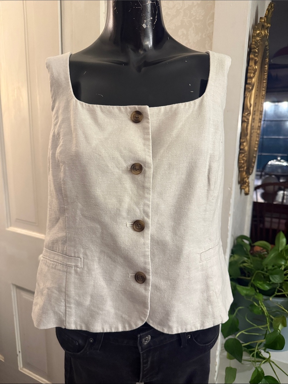 J Crew Factory Squareneck Linen Blend Button Up Vest Size 12